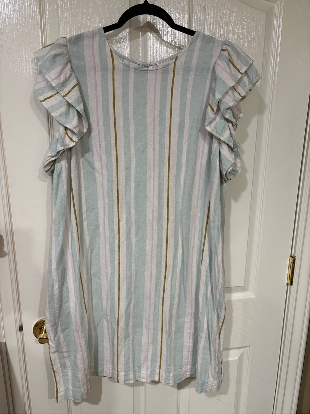 a new day Pastel Striped Ruffle-Sleeve Dress in Light Blue, White and Gold